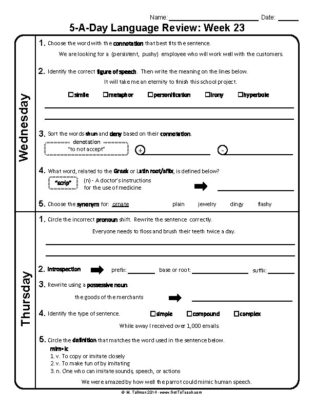 Name: Date: 5 -A-Day Language Review: Week 23 1. Choose the word with the