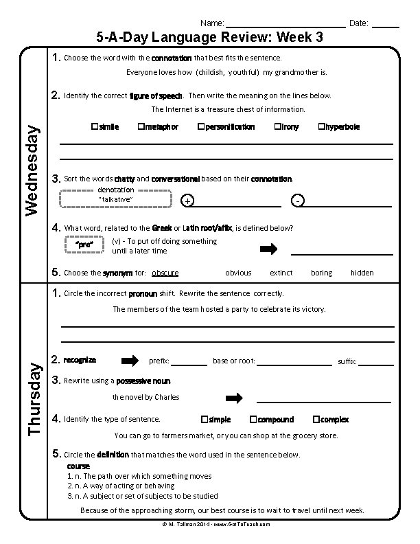 Name: Date: 5 -A-Day Language Review: Week 3 1. Choose the word with the