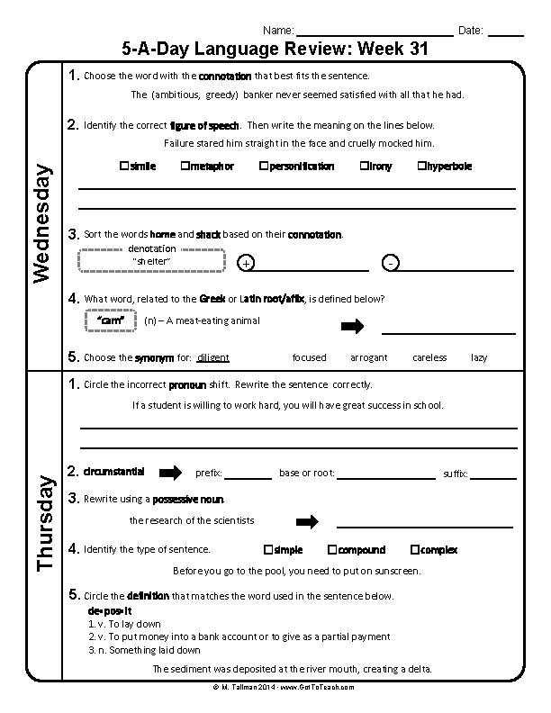 Name: Date: 5 -A-Day Language Review: Week 31 1. Choose the word with the