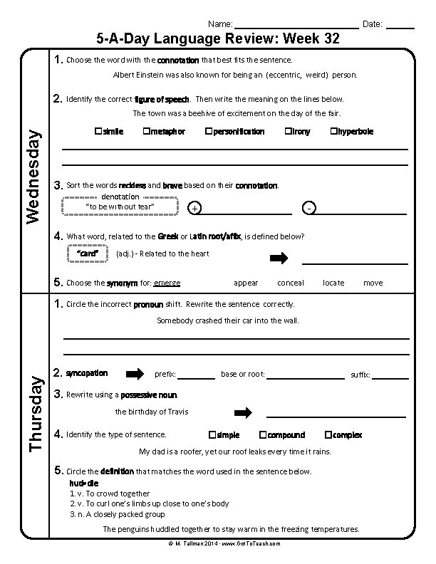 Name: Date: 5 -A-Day Language Review: Week 32 1. Choose the word with the