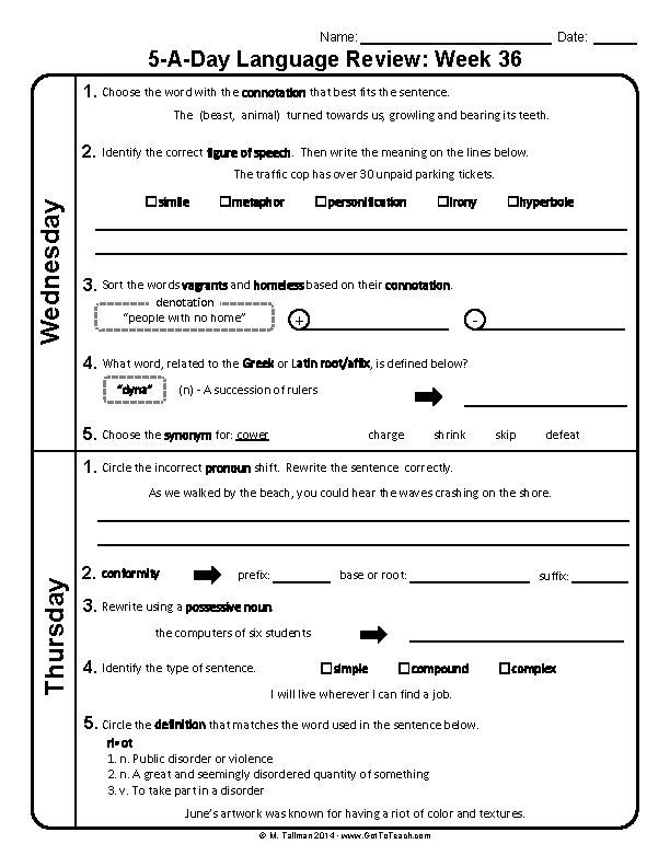 Name: Date: 5 -A-Day Language Review: Week 36 1. Choose the word with the