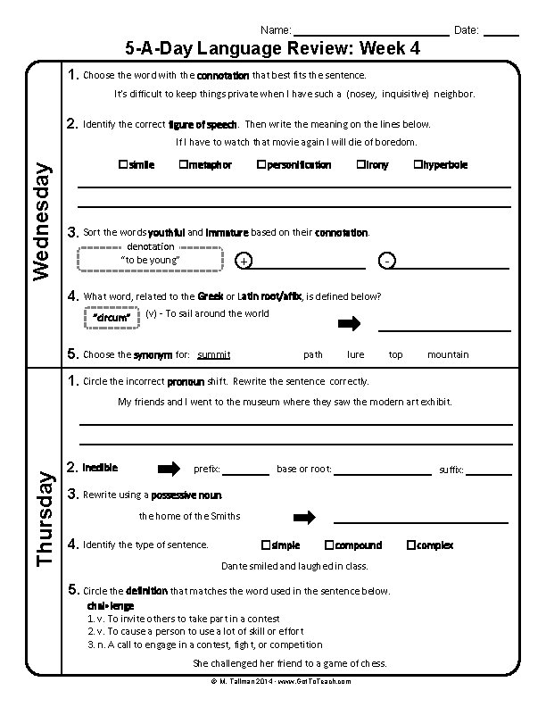 Name: Date: 5 -A-Day Language Review: Week 4 1. Choose the word with the