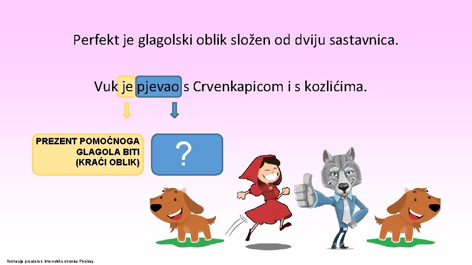 Perfekt je glagolski oblik složen od dviju sastavnica. Vuk je pjevao s Crvenkapicom i Perfekt je glagolski oblik složen od dviju sastavnica. Vuk je pjevao s Crvenkapicom i