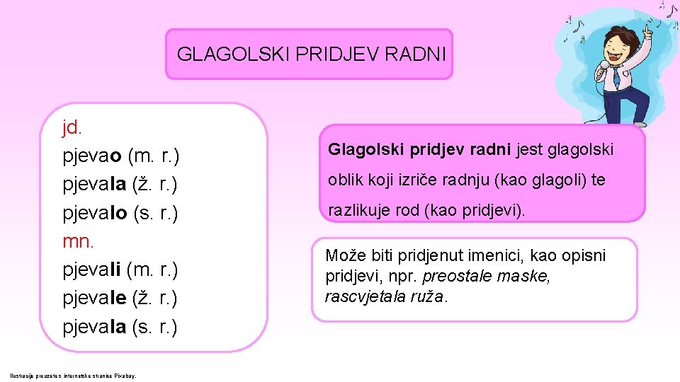 GLAGOLSKI PRIDJEV RADNI jd. pjevao (m. r. ) pjevala (ž. r. ) pjevalo (s. GLAGOLSKI PRIDJEV RADNI jd. pjevao (m. r. ) pjevala (ž. r. ) pjevalo (s.
