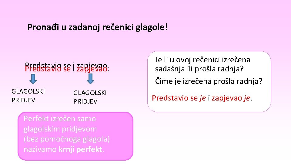 Pronađi u zadanoj rečenici glagole! Predstavio se se ii zapjevao. GLAGOLSKI PRIDJEV Perfekt izrečen Pronađi u zadanoj rečenici glagole! Predstavio se se ii zapjevao. GLAGOLSKI PRIDJEV Perfekt izrečen