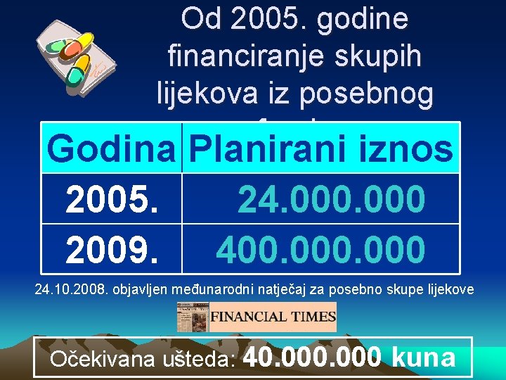 Od 2005. godine financiranje skupih lijekova iz posebnog fonda Godina Planirani iznos 2005. 24.