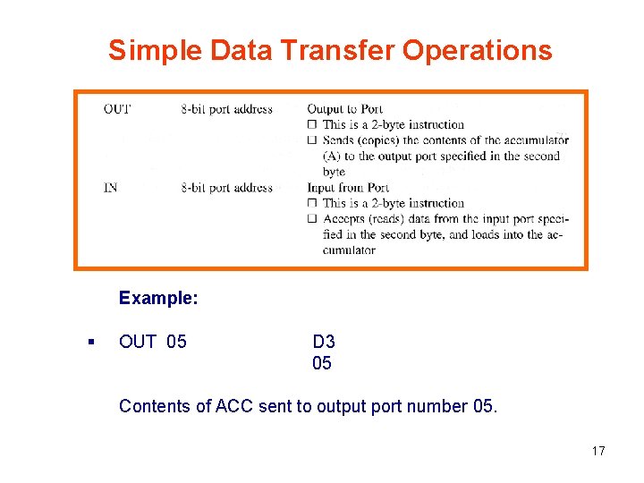 Simple Data Transfer Operations Example: § OUT 05 D 3 05 Contents of ACC