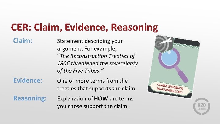 CER: Claim, Evidence, Reasoning Claim: Statement describing your argument. For example, “The Reconstruction Treaties