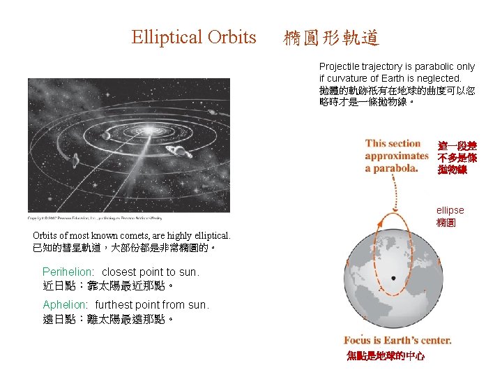 Elliptical Orbits 橢圓形軌道 Projectile trajectory is parabolic only if curvature of Earth is neglected. Elliptical Orbits 橢圓形軌道 Projectile trajectory is parabolic only if curvature of Earth is neglected.