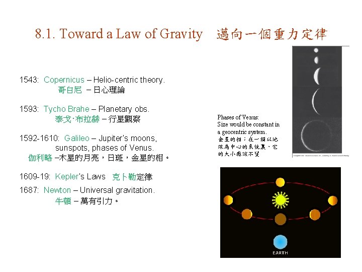 8. 1. Toward a Law of Gravity 邁向一個重力定律 1543: Copernicus – Helio-centric theory. 哥白尼 8. 1. Toward a Law of Gravity 邁向一個重力定律 1543: Copernicus – Helio-centric theory. 哥白尼
