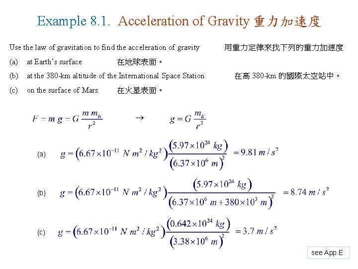 Example 8. 1. Acceleration of Gravity 重力加速度 Use the law of gravitation to find Example 8. 1. Acceleration of Gravity 重力加速度 Use the law of gravitation to find