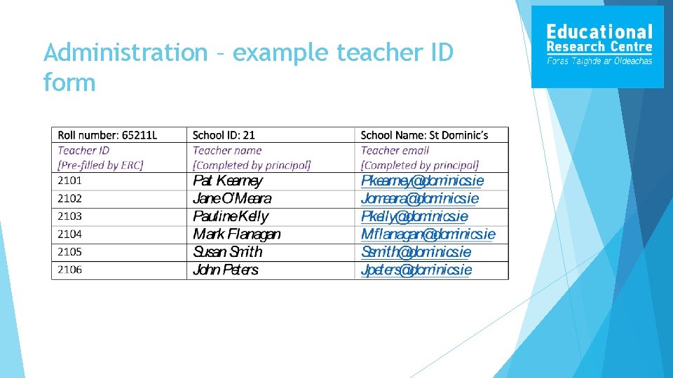 Administration – example teacher ID form 