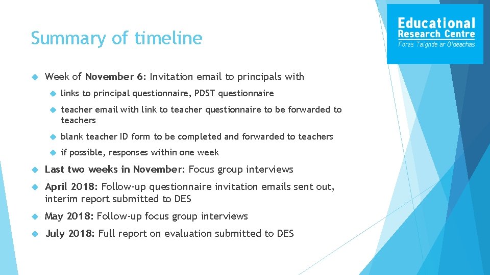 Summary of timeline Week of November 6: Invitation email to principals with links to