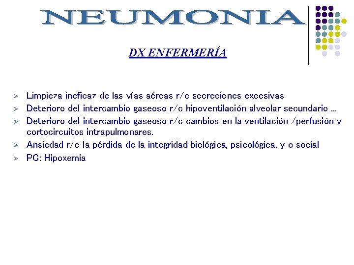 DX ENFERMERÍA Ø Ø Ø Limpieza ineficaz de las vías aéreas r/c secreciones excesivas