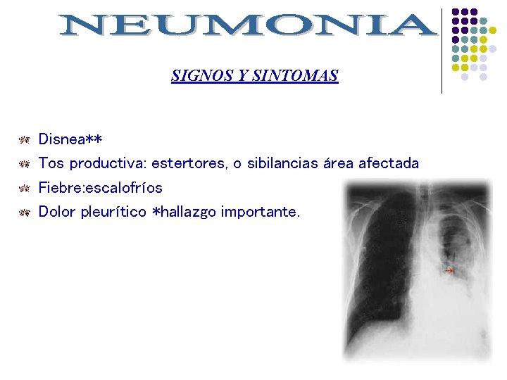 SIGNOS Y SINTOMAS Disnea** Tos productiva: estertores, o sibilancias área afectada Fiebre: escalofríos Dolor