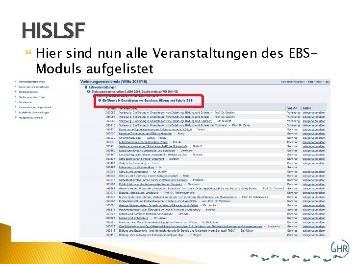 HISLSF Hier sind nun alle Veranstaltungen des EBSModuls aufgelistet 