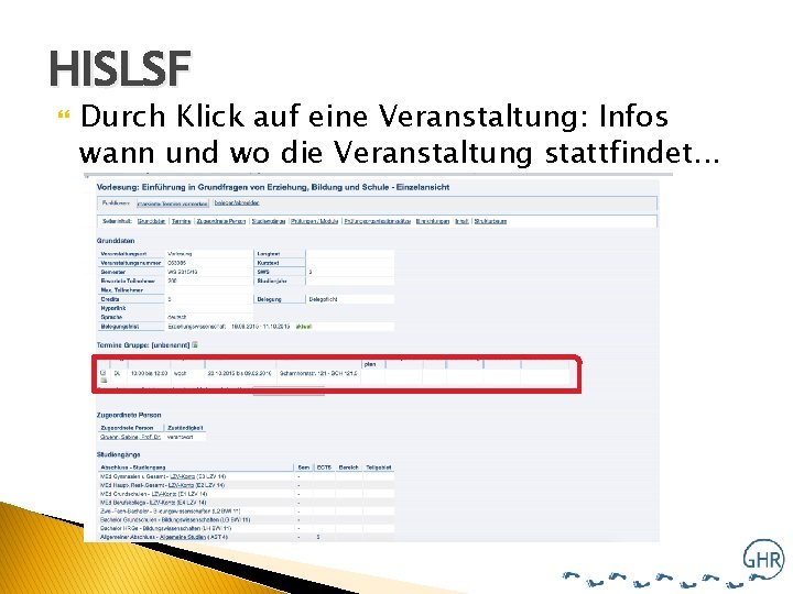 HISLSF Durch Klick auf eine Veranstaltung: Infos wann und wo die Veranstaltung stattfindet. .