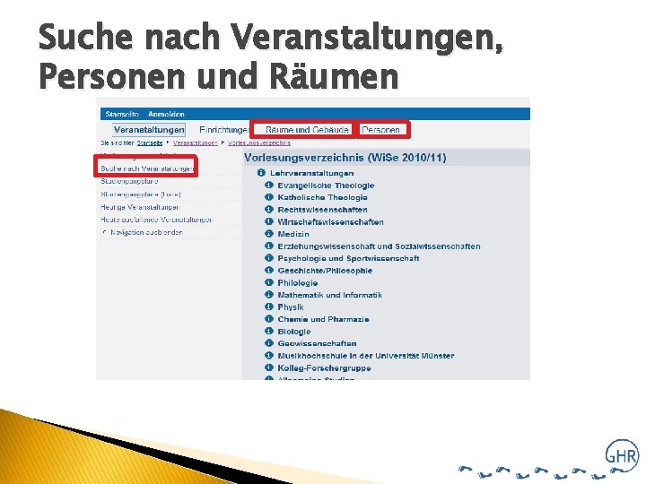 Suche nach Veranstaltungen, Personen und Räumen 