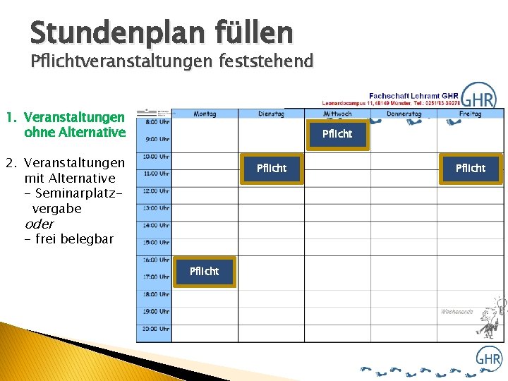 Stundenplan füllen Pflichtveranstaltungen feststehend 1. Veranstaltungen ohne Alternative Pflicht 2. Veranstaltungen mit Alternative -