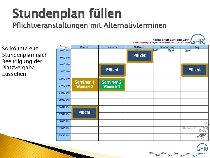 Stundenplan füllen Pflichtveranstaltungen mit Alternativterminen So könnte euer Stundenplan nach Beendigung der Platzvergabe aussehen