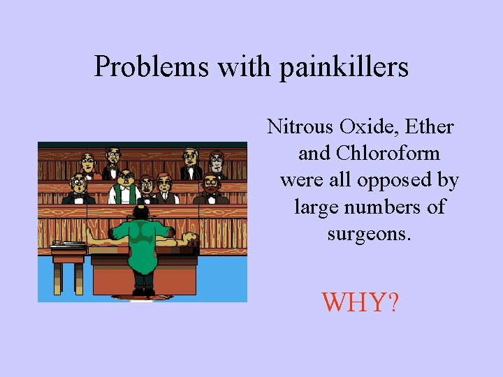 Problems with painkillers Nitrous Oxide, Ether and Chloroform were all opposed by large numbers Problems with painkillers Nitrous Oxide, Ether and Chloroform were all opposed by large numbers