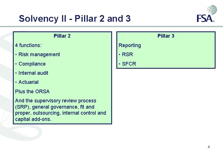 Solvency II - Pillar 2 and 3 Pillar 2 Pillar 3 4 functions: Reporting