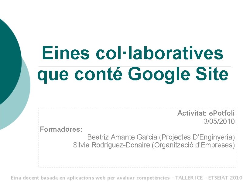 Eines col·laboratives que conté Google Site Activitat: e. Potfoli 3/05/2010 Formadores: Beatriz Amante Garcia