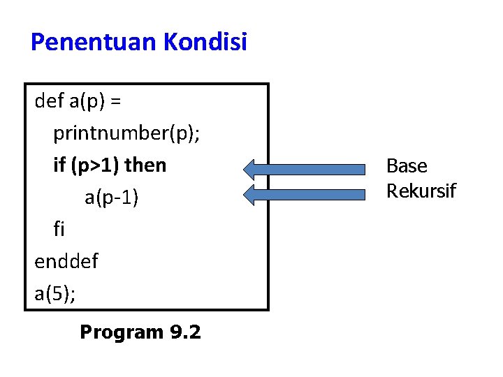 Penentuan Kondisi def a(p) = printnumber(p); if (p>1) then a(p-1) fi enddef a(5); Program