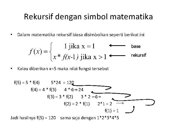 Rekursif dengan simbol matematika • Dalam matematika rekursif biasa disimbolkan seperti berikut ini base