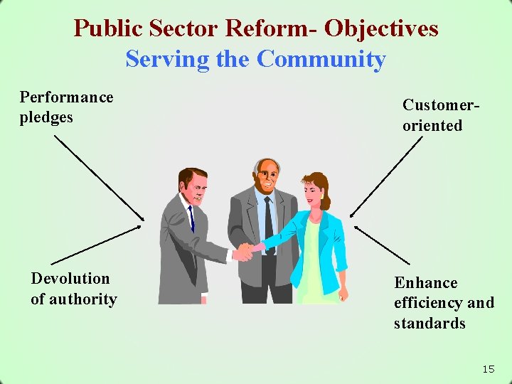 Public Sector Reform- Objectives Serving the Community Performance pledges Devolution of authority Customeroriented Enhance