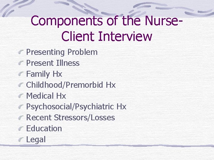 Components of the Nurse. Client Interview Presenting Problem Present Illness Family Hx Childhood/Premorbid Hx