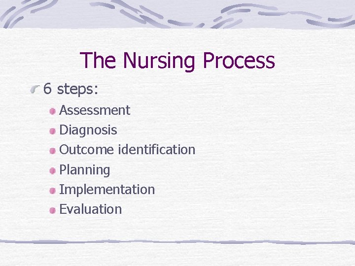 The Nursing Process 6 steps: Assessment Diagnosis Outcome identification Planning Implementation Evaluation 