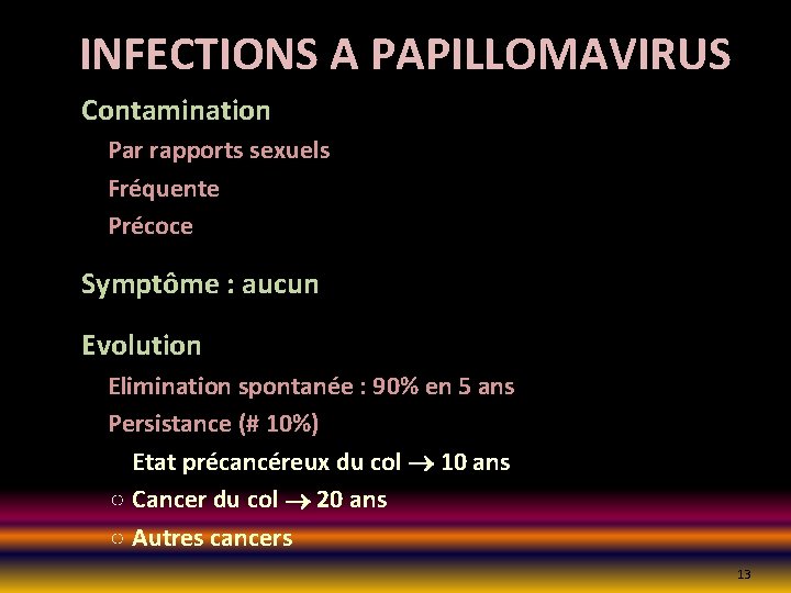 INFECTIONS A PAPILLOMAVIRUS Contamination Par rapports sexuels Fréquente Précoce Symptôme : aucun Evolution Elimination