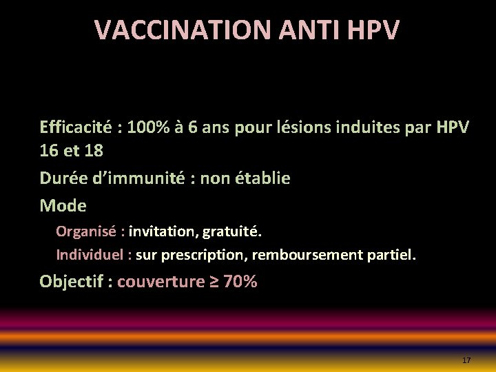 VACCINATION ANTI HPV Efficacité : 100% à 6 ans pour lésions induites par HPV