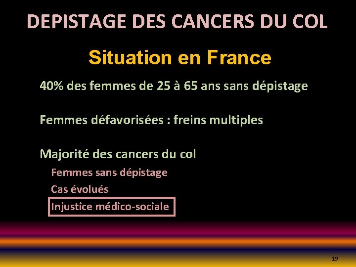 DEPISTAGE DES CANCERS DU COL Situation en France 40% des femmes de 25 à