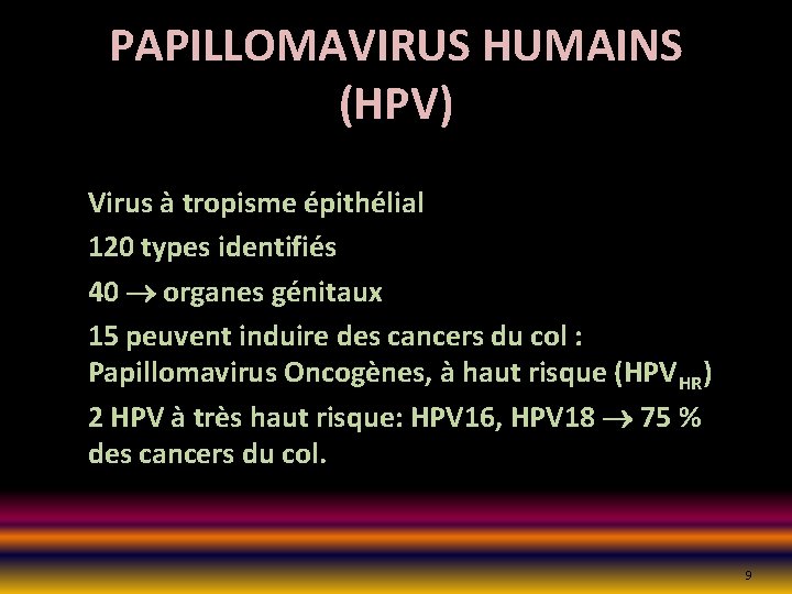 PAPILLOMAVIRUS HUMAINS (HPV) Virus à tropisme épithélial 120 types identifiés 40 organes génitaux 15