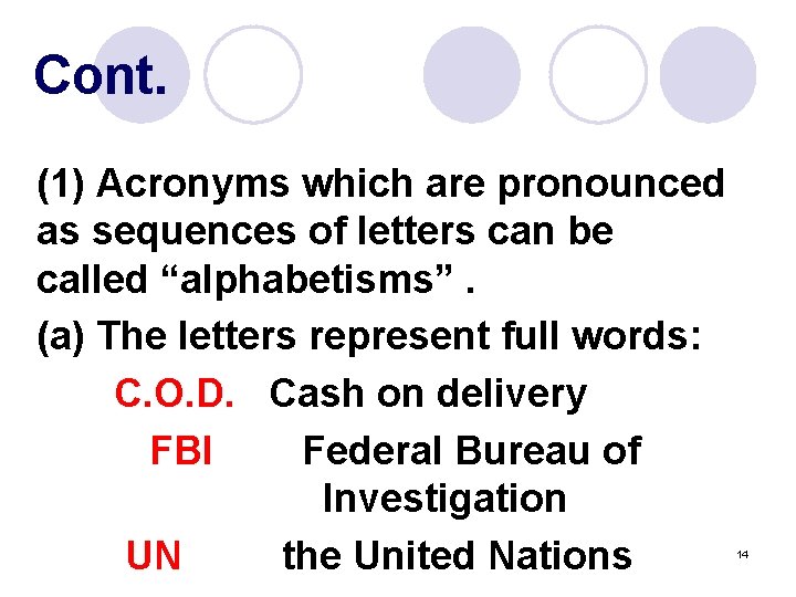 Cont. (1) Acronyms which are pronounced as sequences of letters can be called “alphabetisms”.