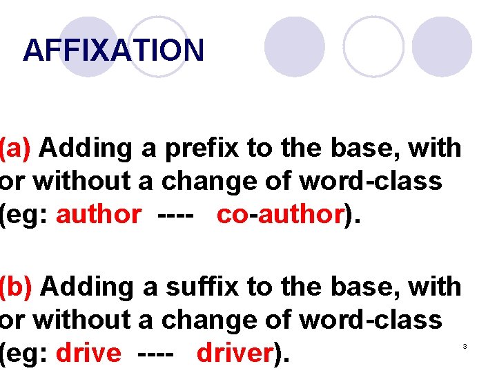 AFFIXATION (a) Adding a prefix to the base, with or without a change of