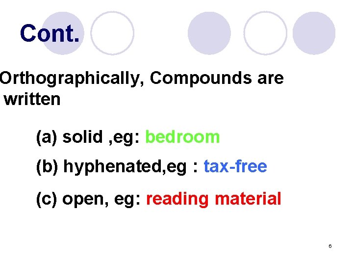 Cont. Orthographically, Compounds are written (a) solid , eg: bedroom (b) hyphenated, eg :