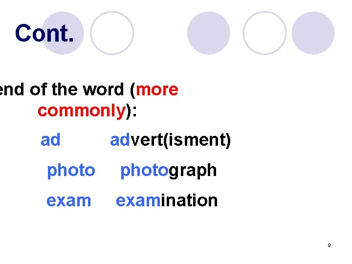 Cont. end of the word (more commonly): ad advert(isment) photograph examination 9 