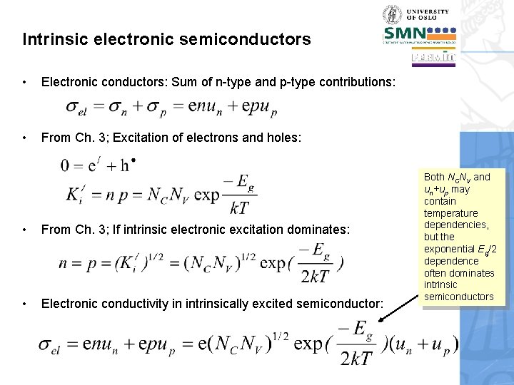 Intrinsic electronic semiconductors • Electronic conductors: Sum of n-type and p-type contributions: • From