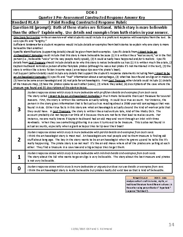 DOK-3 Quarter 3 Pre-Assessment Constructed Response Answer Key Standard RL. 4. 9 3 Point