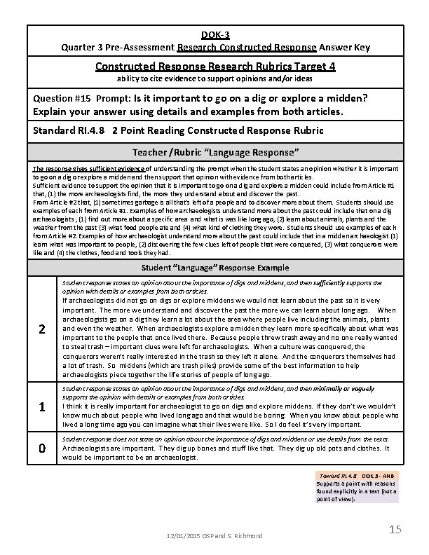 DOK-3 Quarter 3 Pre-Assessment Research Constructed Response Answer Key Constructed Response Research Rubrics Target