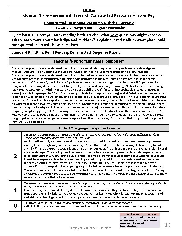 DOK-4 Quarter 3 Pre-Assessment Research Constructed Response Answer Key Constructed Response Research Rubrics Target