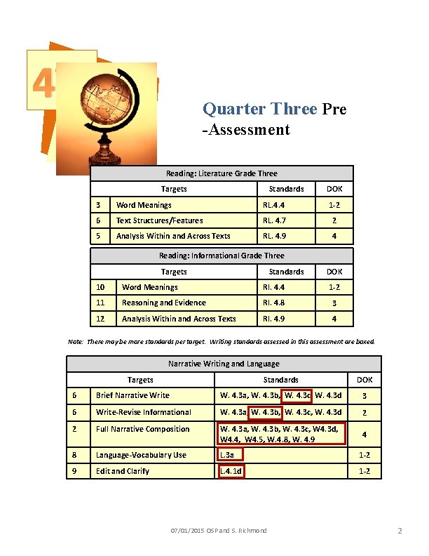 th 4 Quarter Three Pre -Assessment Reading: Literature Grade Three Targets Standards DOK 3