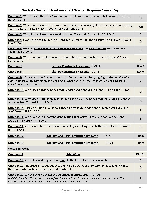 Grade 4 - Quarter 3 Pre-Assessment Selected Response Answer Key Question 1 What clues