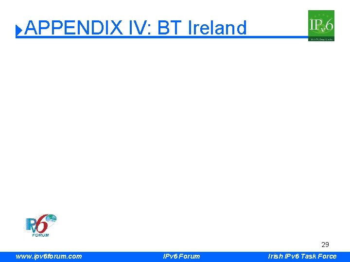 APPENDIX IV: BT Ireland 29 www. ipv 6 forum. com IPv 6 Forum Irish