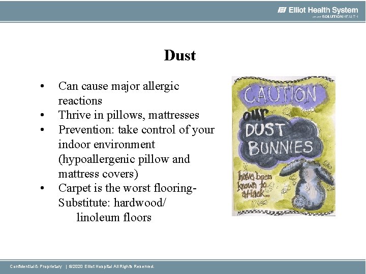 Dust • • Can cause major allergic reactions Thrive in pillows, mattresses Prevention: take