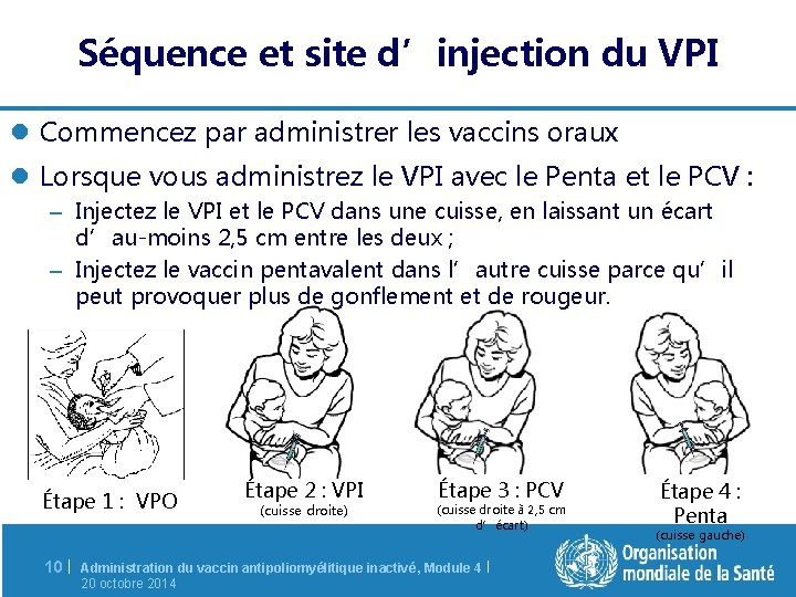 Séquence et site d’injection du VPI l Commencez par administrer les vaccins oraux l