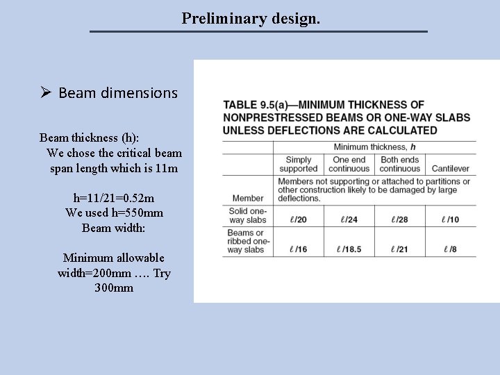 Preliminary design. Ø Beam dimensions Beam thickness (h): We chose the critical beam span